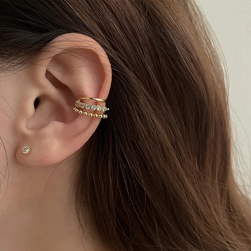 Boucles d'oreilles à Clip en perles Double couche pour femmes et filles, nouvelle coréenne, Clip de manchette d'oreille en Zircon de luxe sans piercing, bijoux