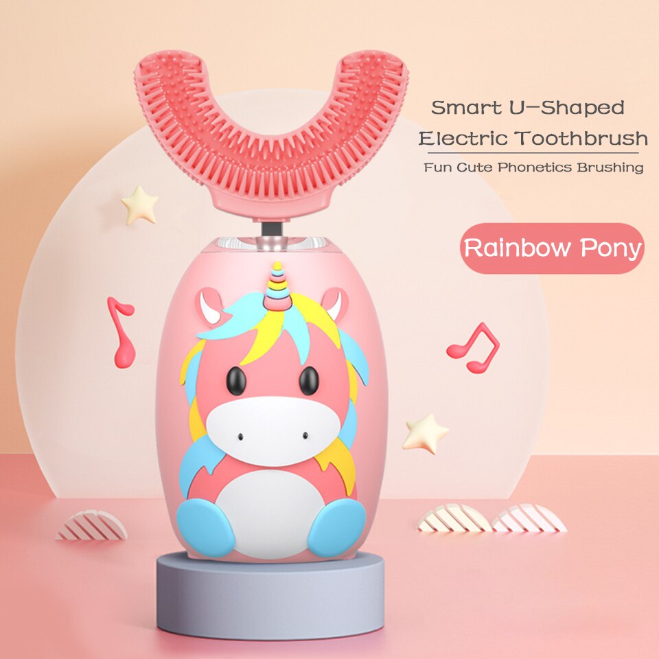 Cabezal de cepillo de dientes de silicona tipo U de 360 grados, desinfección con luz azul, resistente al agua IPX7, cepillo de dientes eléctrico inteligente para niños: pink