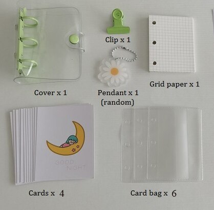 3Holes Mini PVC Loose Leaf Diary Transparent Pocket Small Journal Traveler Notebook Cute Cartoon DIY Planner Set: Set 1 green