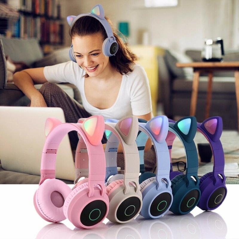 LED Cat Ear Noise Cancelling Wireless Bluetooth Headphones Bluetooth 5.0 Young People Kids Headset Support TF Card With Mic