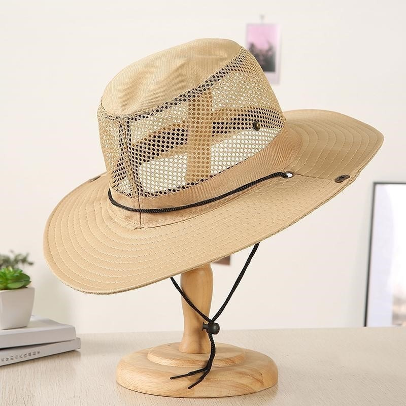 Zomer Koele Bergbeklimming Cap Mesh Ademende Mannen Zonnehoed Grote Rand Buiten Vizieren Vissen Effen Kleur Mannelijke Vissershoeden: Sky Blue