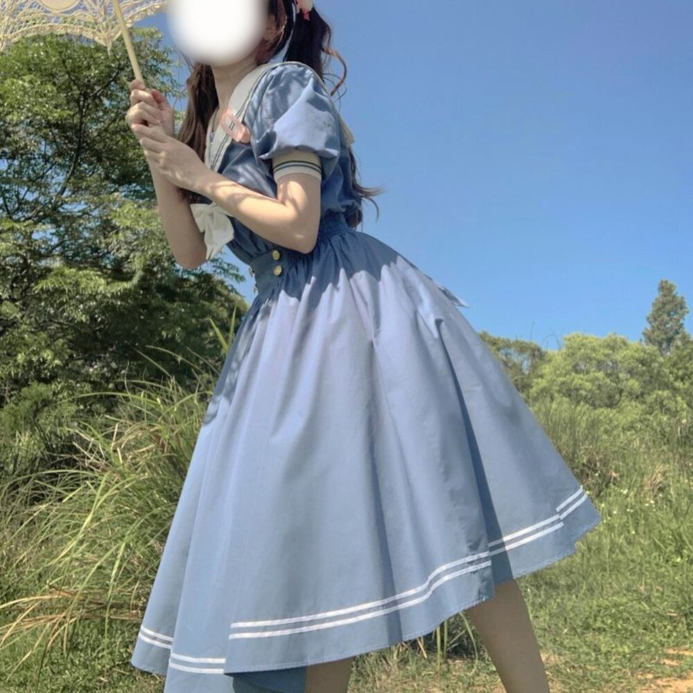 Japanischen Blau Lolita Süße Kleid Harajuku Seemann Kragen Marine Kleider Jahrgang Bogen Kawaii Mädchen Adrette Langarm Kleid