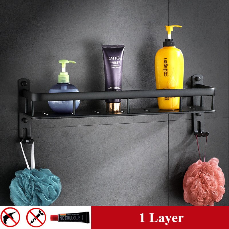 Bad svart hylle aluminium dusjkabinett hjørnehyller badehåndklestativ med krok hårføner holder etagere salle de bain: 1 lag