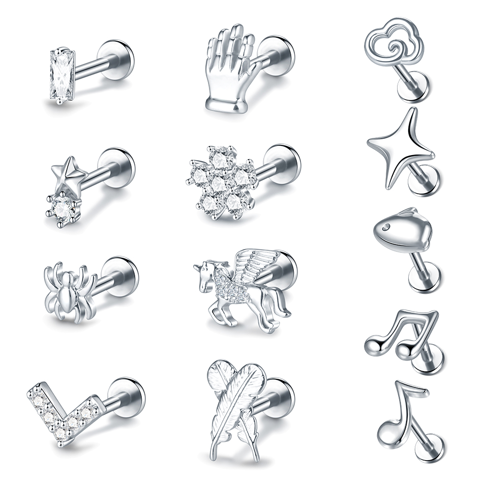 1 pieza de pluma de araña labio Monroe Studs Labret Piercing 16G CZ flor cartílago de la oreja Tragus Daith lóbulo Piercing pendiente para mujeres y hombres