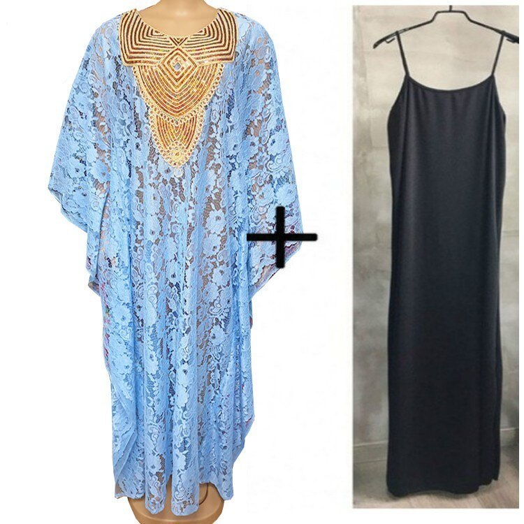 robes africaines pour femmes Dashiki nouvelle africaine soluble dans l'eau dentelle en vrac avec broderie perlée longue robe: 2 piece set