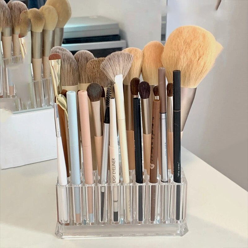 26 reikää meikkisivellin järjestäjä kulmakynät eyeliner pidike kosmetiikka kynäsäilytys teline seisova muovi lasi naisten työpöytä