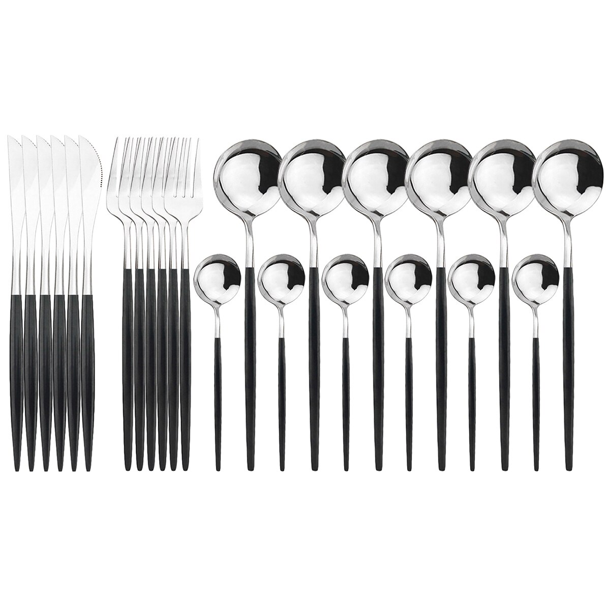 24Pcs Green Silver Cutlery Set Stainless Steel Dinnerware Set Knives Forks Spoon Dinner Tableware Set Kitchen Party Flatware Set: Black Silver