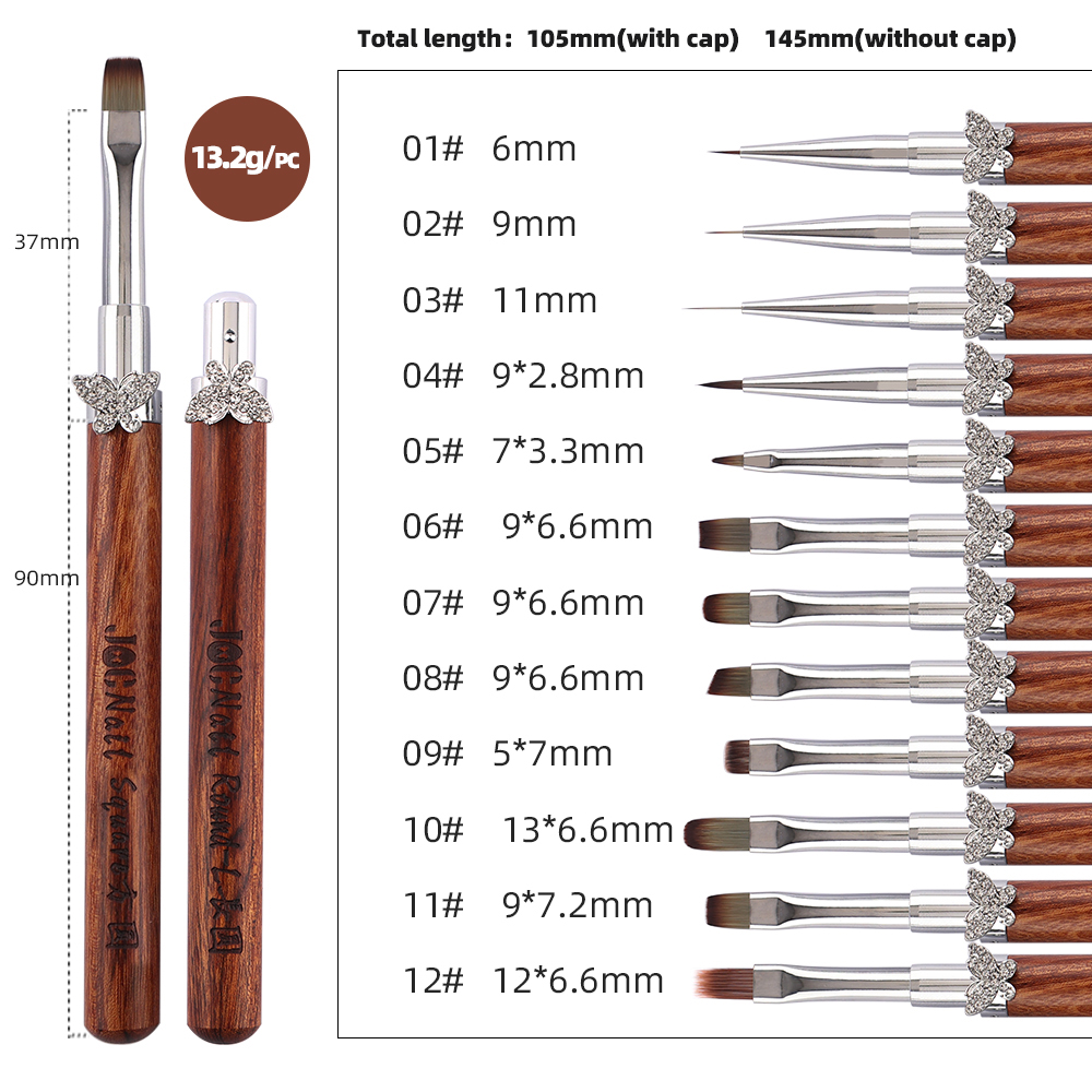 Nagelkonstborsteset avtagbar stång zirkonfjäril sandelullshandtag kantkrok uv-gelnagelborste nagelkonstverktyg