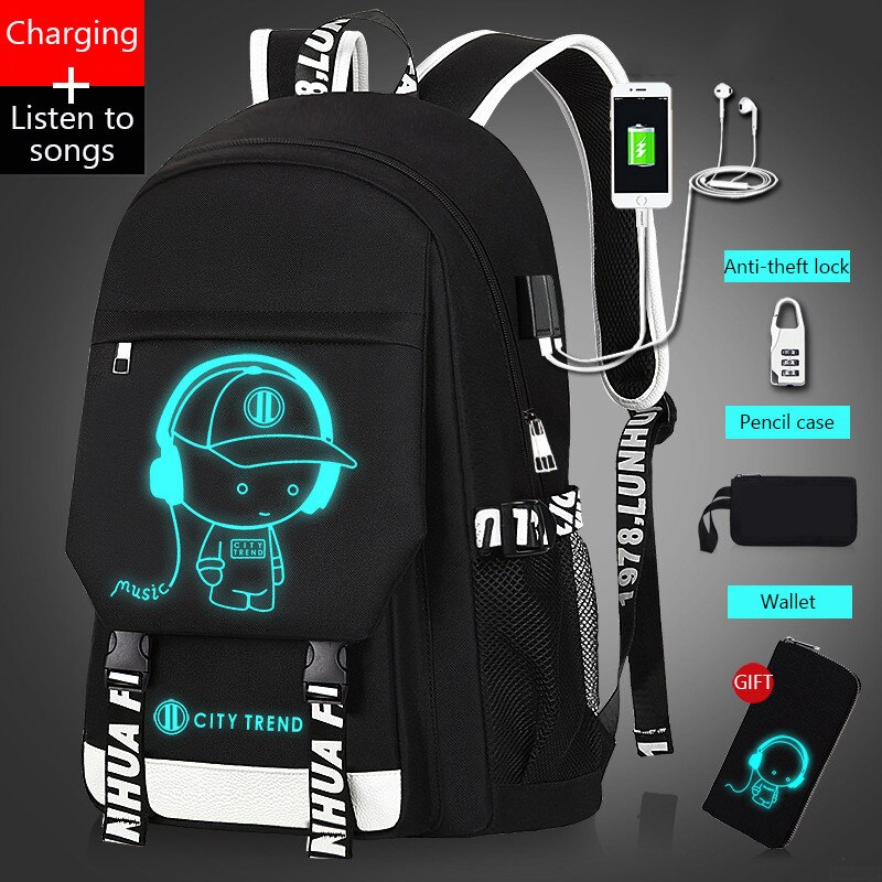 USB musique lumineux cartable unisexe pour adolescents sac à dos à sac d'école étudiant livre sac pour garçons filles: Photo color18