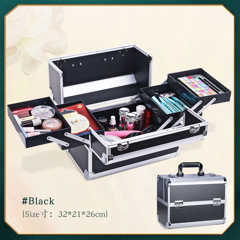 Makeup Train Box With Adjustable 4 Trays Makeup Box Makeup Storage Box With Lock And Compartment: black