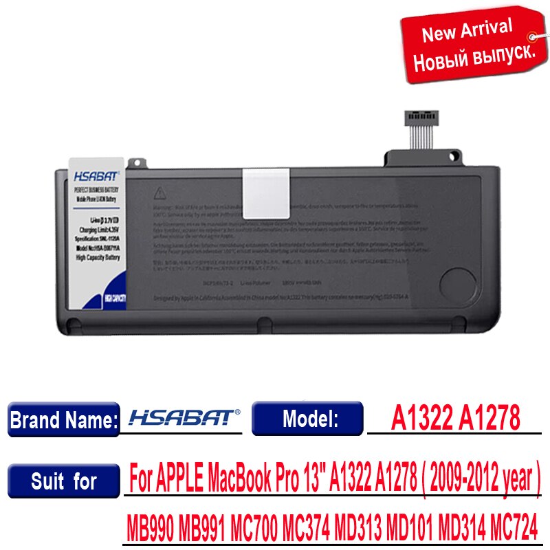 Hsabat 0 cyklus 8000 mah  a1322 batteri til apple macbook pro 13 " unibody  a1278 mc700 mc374 mid akkumulator
