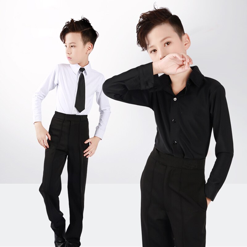 Chemise à manches longues noire, col , chemise de danse latine, pour garçons et adultes, vêtements à justaucorps, haut de danse