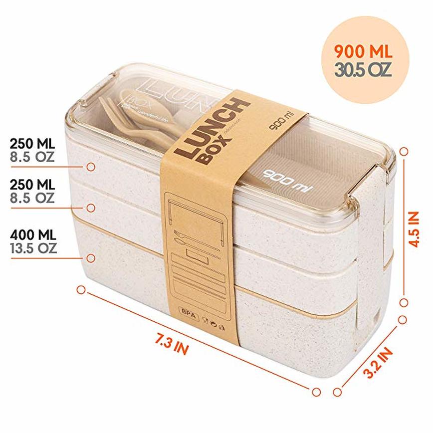 Compact Bento Lunch Box with Utensils - Stackable Meal Prep Food Storage Containers Japanese Bento Box Dishwasher Safe