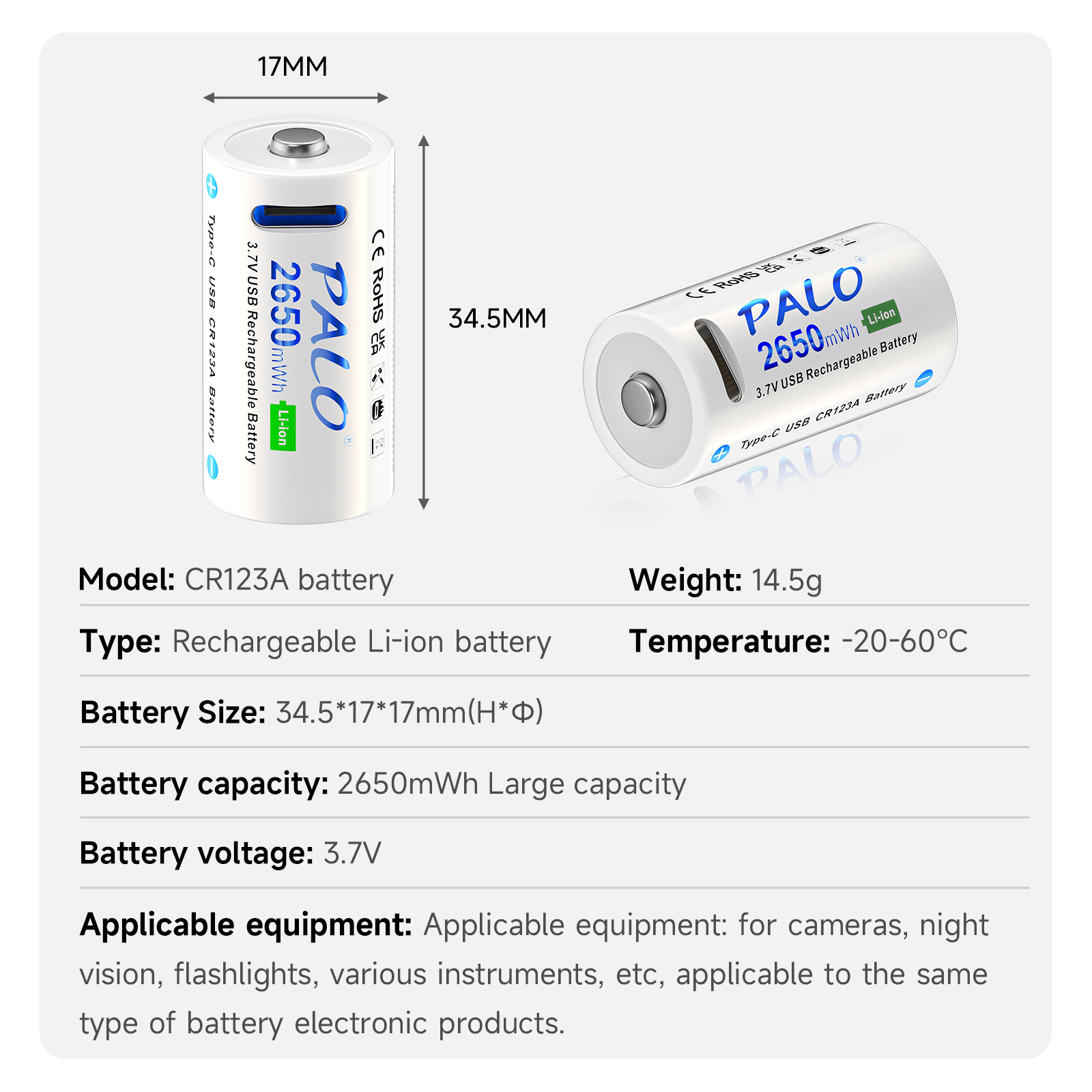 16350 USB CR123A Rechargeable Battery with Type C Port 2650mWh CR123 16340 Batteries Pack RCR123 Lithium Charge for Flashlight