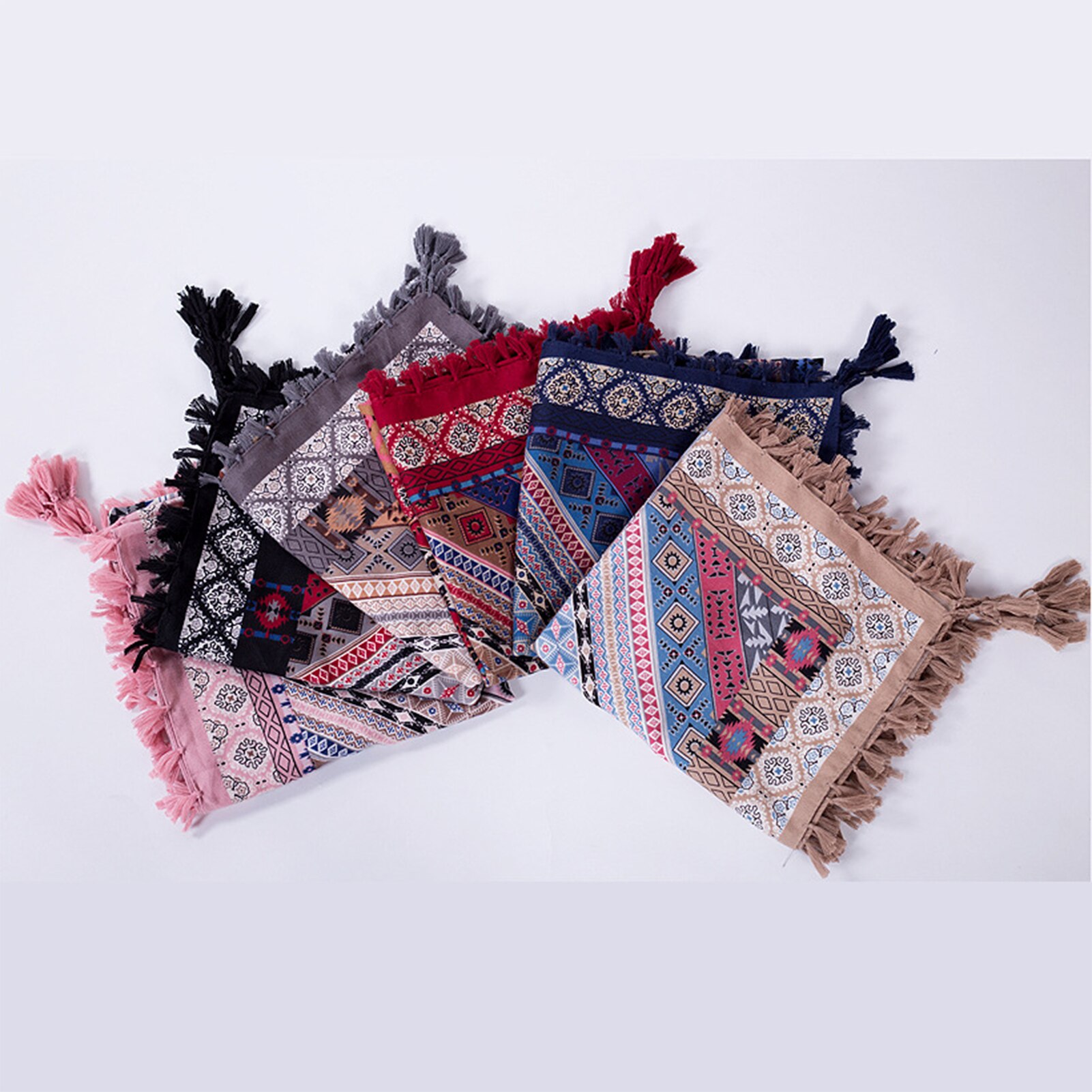 Boho tørklæde kvinder vinter bomuldsblandinger hals wrap lang varmt tørklæde etnisk print trekant kvast multifunktionelt sjal tørklæde