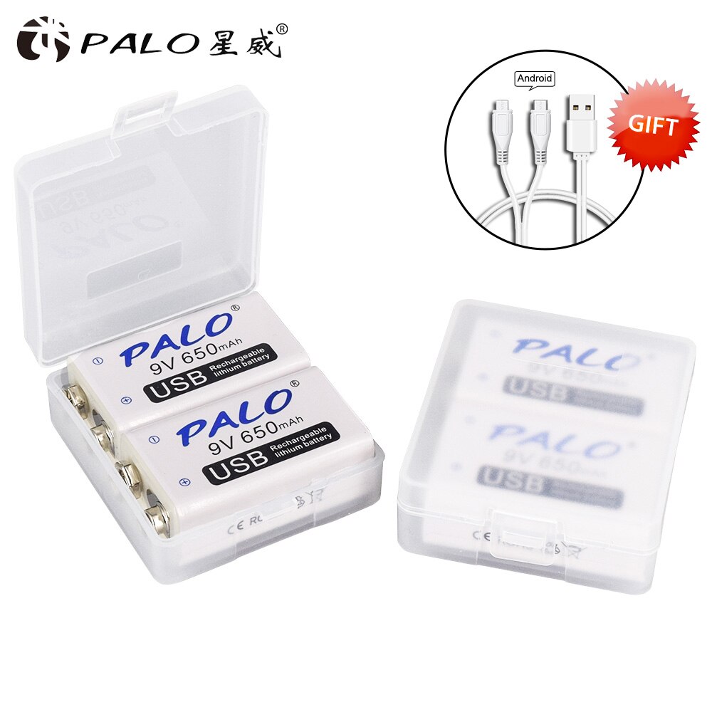 PALO 9V USB batterie au Lithium 650mAh 6F22 6LR61 Li-Ion batterie Rechargeable pour jouets masseurs multimètres guitare avec câble USB: 4 pcs