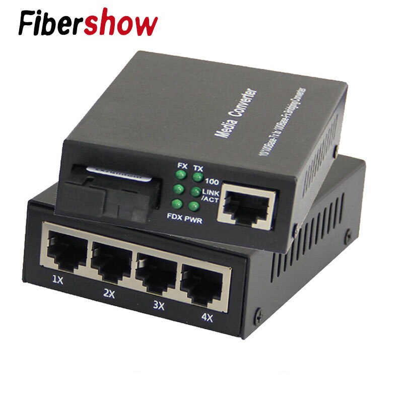 Fast Ethernet Fiber Optical Media Converter Single Mode 20KM 4 RJ45 and 1 SC fiber Port 10/100M
