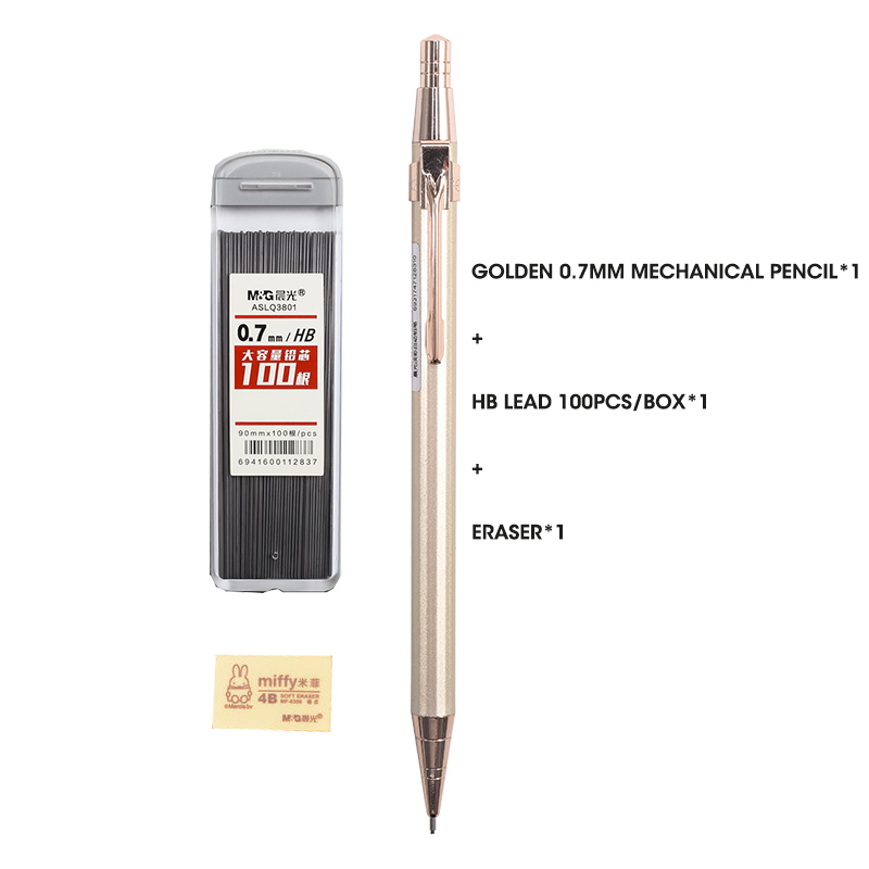 M&amp;G Full Metal Mechanical Pencils Morandi Color 0.5mm HB Lead Refill Student Writing Automatic Pencils Lapiseira School Supplies: 0.7mm 3pcs Golden