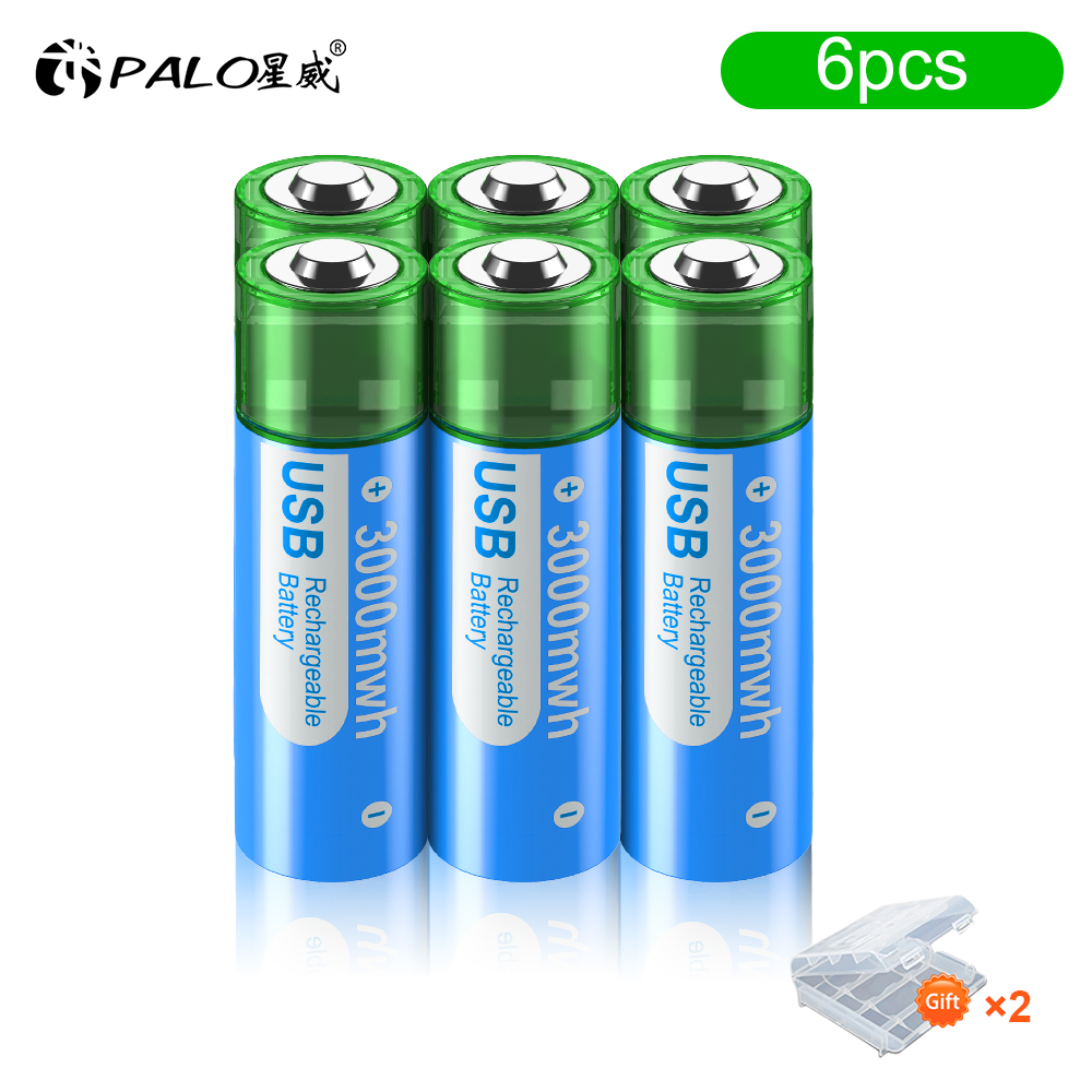 PALO 3000mWh 1.5V AA Li-ion battery HR6 AA USB Rechargeable Lithium batteries 2A AA USB Port Charging Battery With Battery Box: Blue