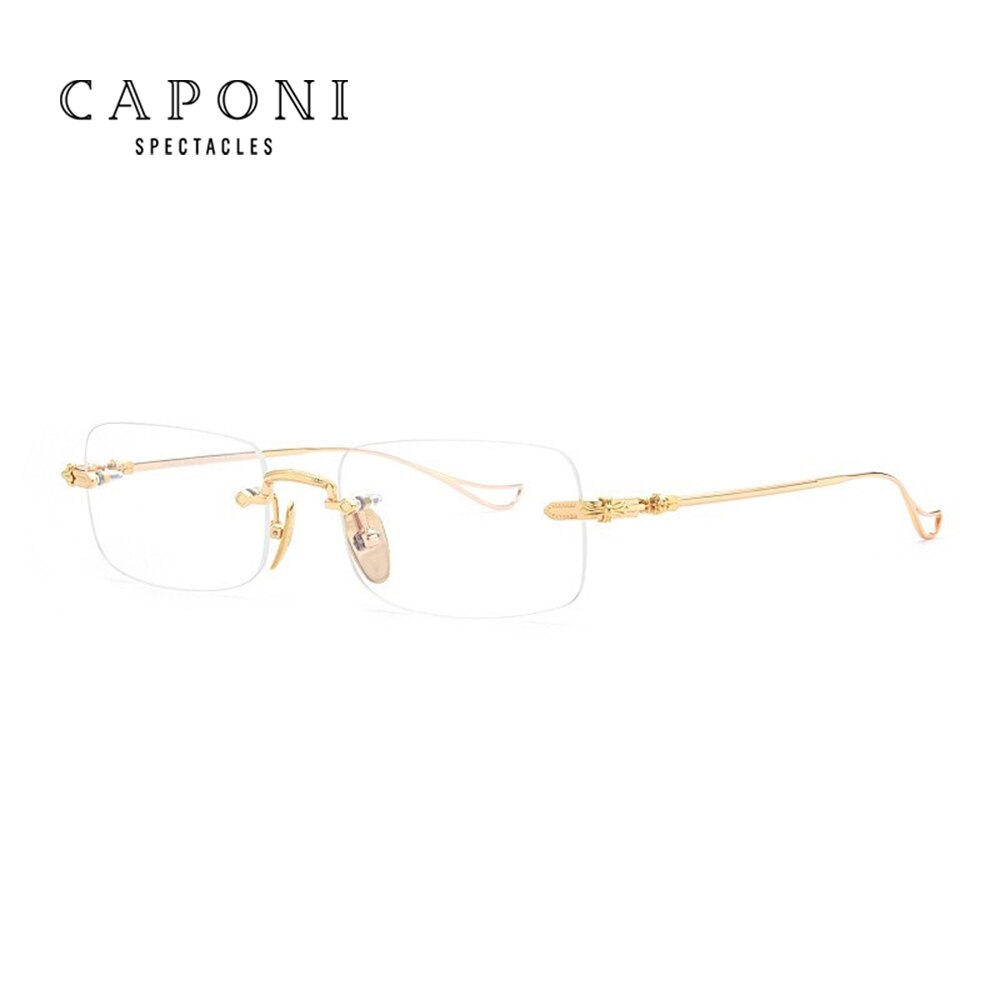 CAPONI Rimless Men Glasses Frame Titanium Business Reading Eyeglasses Support Prescription Computer Optical Clear Glasses J8099: Gold frame