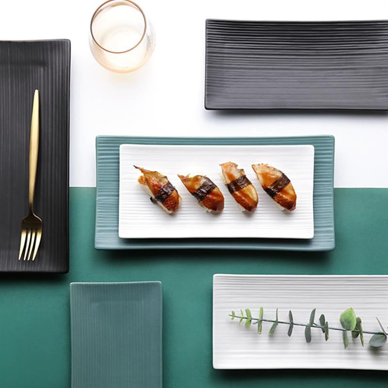 Rectangular Ceramic Loaf Pan for Steak and Sushi Western Food Dishes Bread Loaf Pan Steak Pan (10inch Striola, White)