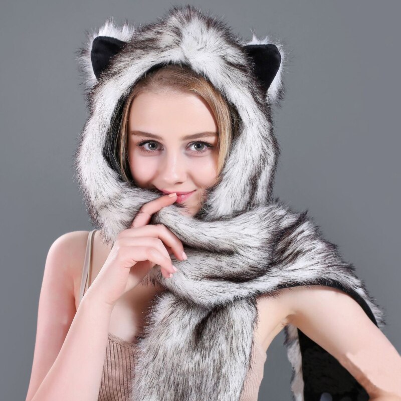 Sh002 pluche imitatiebont mutsen dames heren schattige dieren muts warme winter muts met lange wanten sjaal muts handschoenen set winter oorkleppen muts