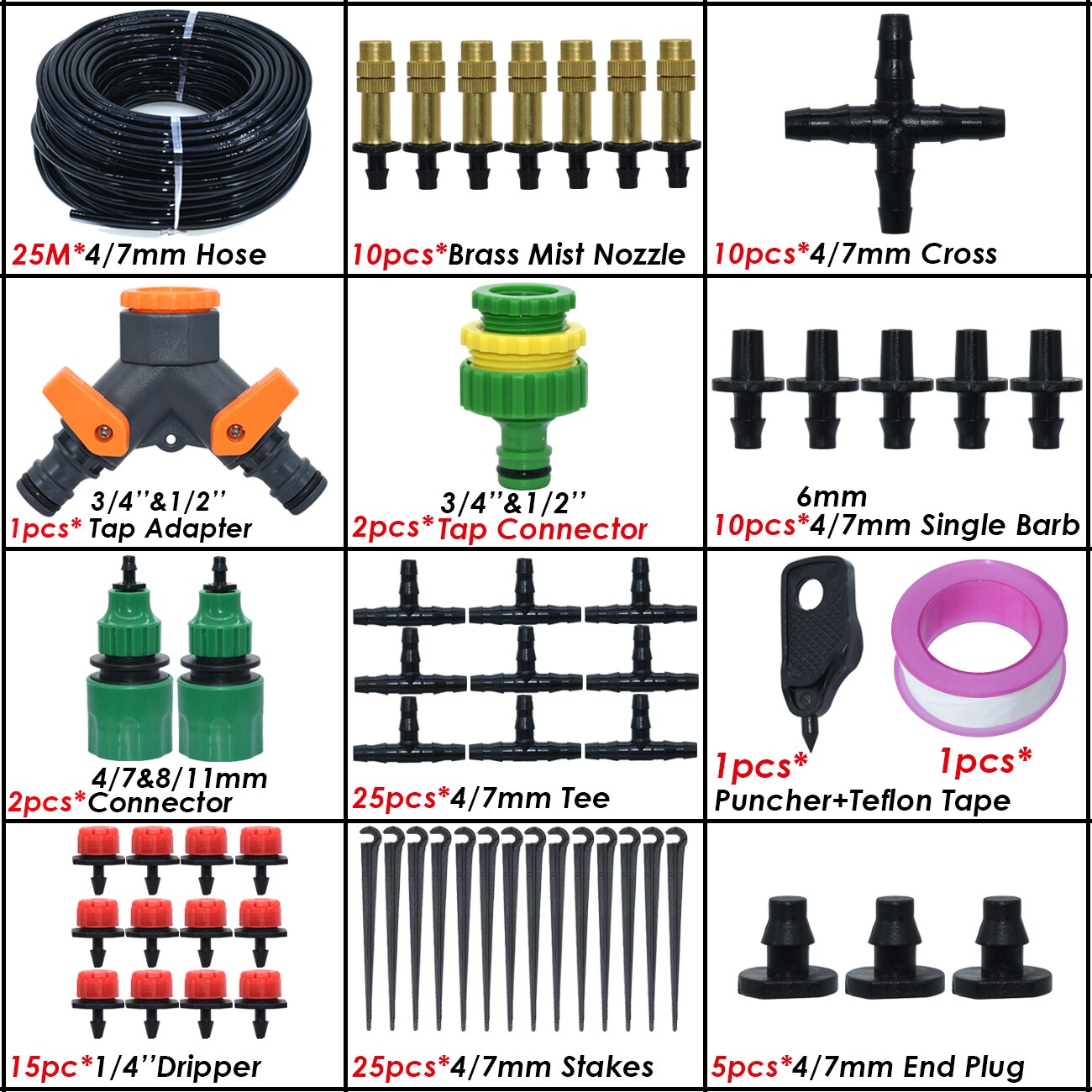 SPRYCLE 25M Garden Micro Drip Irrigation Kits Misting Watering System Automatic Adjustable Dripper Atomizer for 4/7mm 1/4'' Hose: SPL11-KIT05-25M