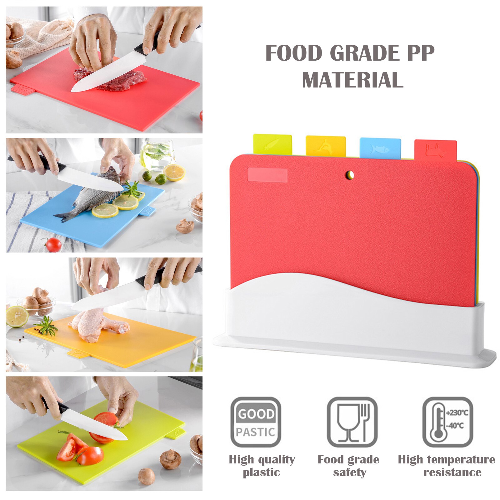 Chopping Board Set 4 PCS Index Colour Coded Plastic Cutting Boards with Storage Stand, Non Slip Cutting Board Sets