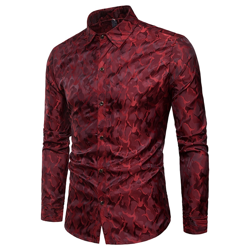 Silke satin skjorte herre mærke glat smoking skjorte skinnende camouflage print brudekjole skjorter afslappet slim fit lilla skjorte