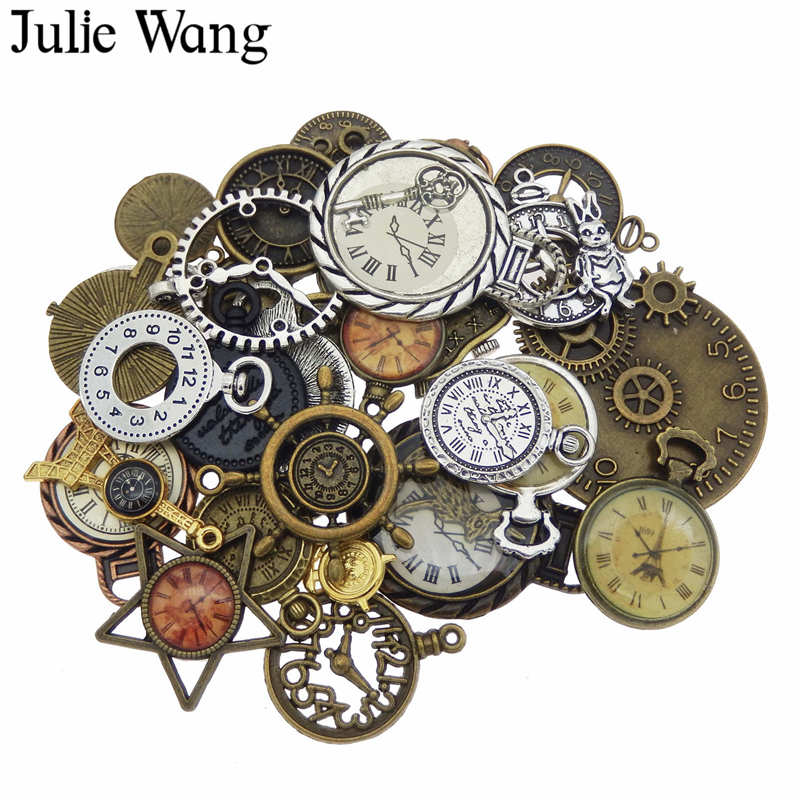 Julie Wang 10pcs Random Mixed Clock Watch Face Charms Alloy Necklace Pendant Finding Jewelry Making Steampunk Accessory