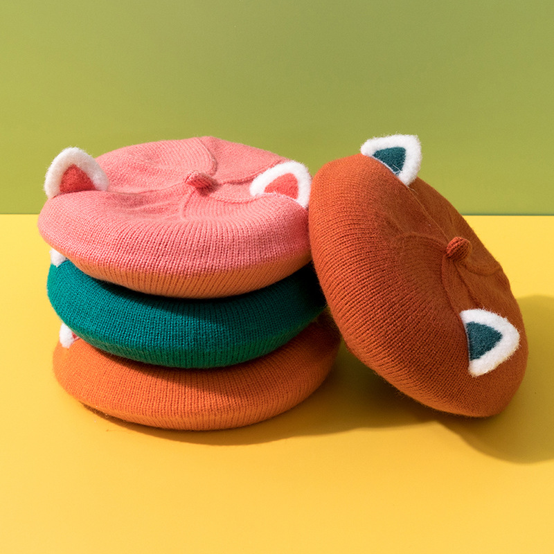 Béret de dessin animé pour enfants, chapeau tricoté avec oreilles de renard, Bonnet pour filles