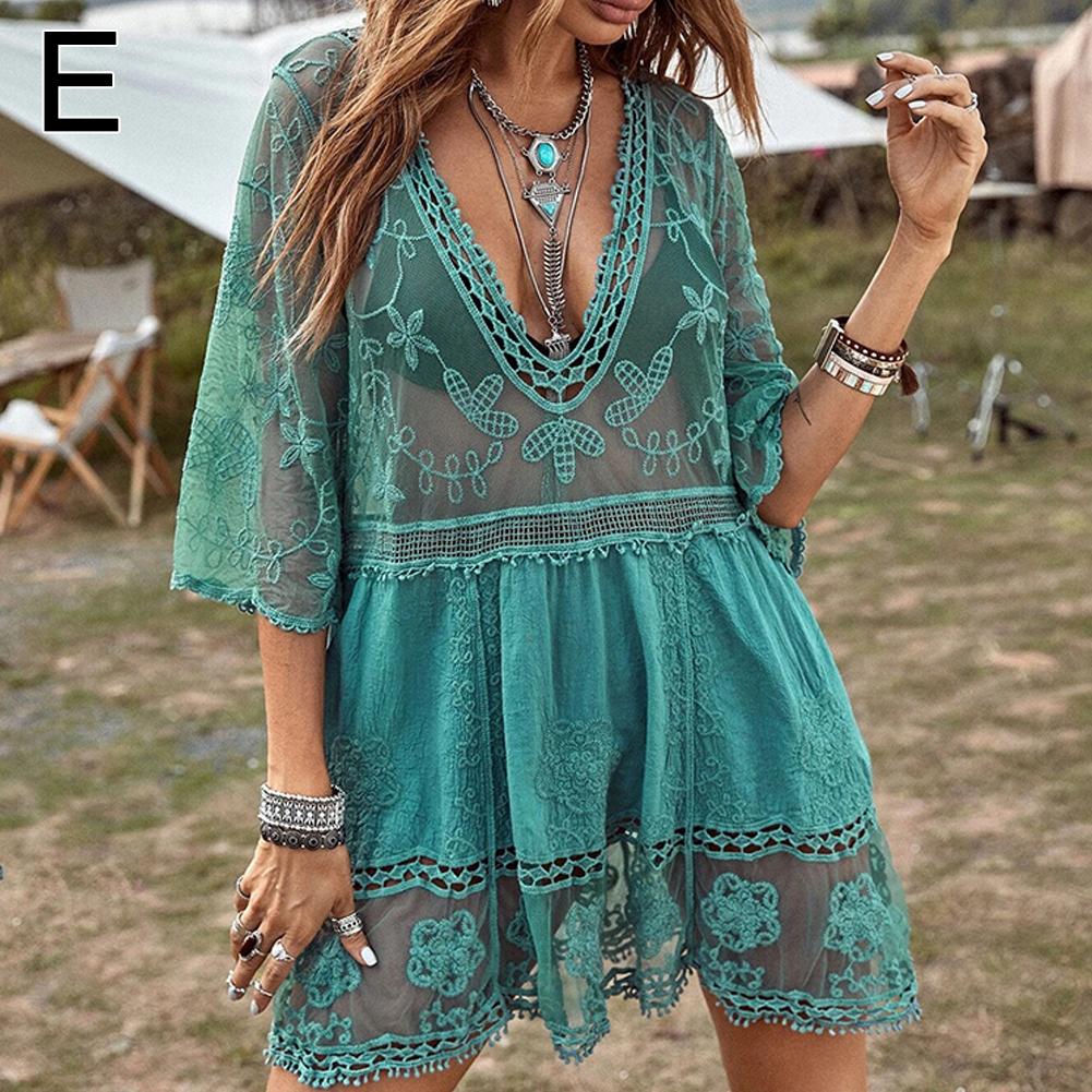 Sexy Women's Mesh Bikini Cover-up Deep V-neck Swimsuit Set Summer Beach Short Sleeve Dress Lace Hollow Out Clothes: Ivory