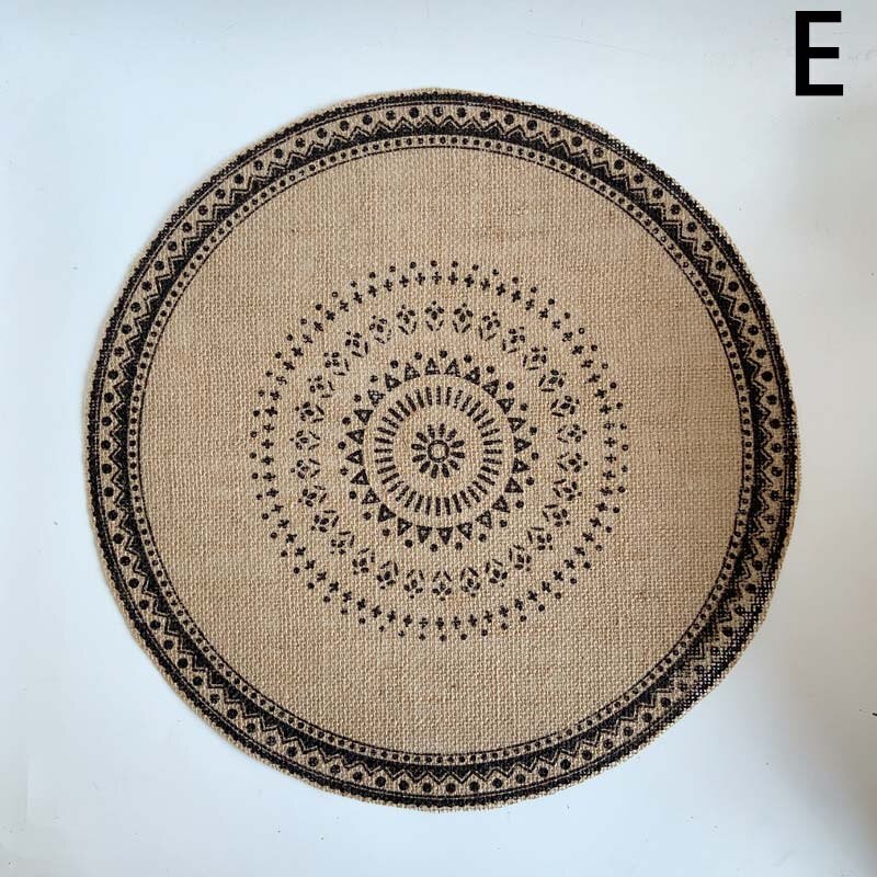 Prachtige Geweven Jute Katoen Tafel Mat Bohemian Stijl Afdrukken Placemat Ronde Voedsel Pad Dining Servies Coaster Keuken Decor: E