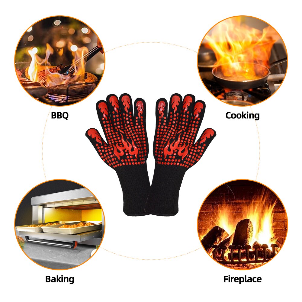 BBQ Grill Gloves High Temperature Resistance 800 Degrees Fireproof Heat Insulation Glove Cooking Baking Barbecue Microwave Oven