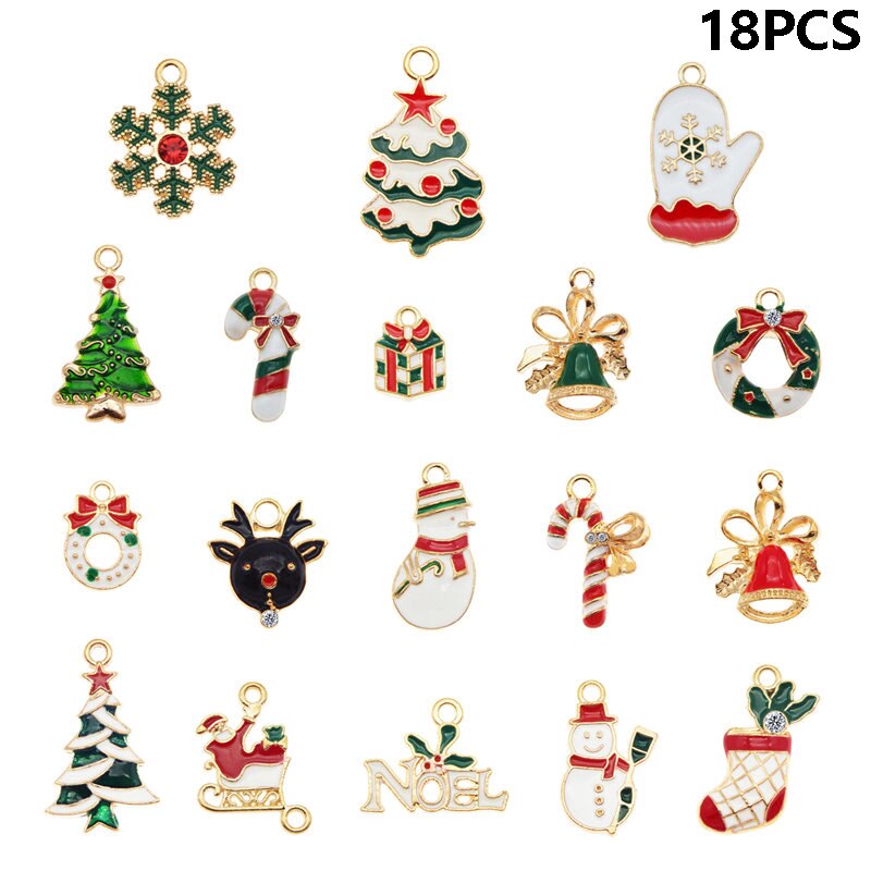 Julie Wang Emaille Kerst Charmes Legering Gemengde Kerstman Tree Bell Sok Sneeuwpop Sneeuwvlok Hanger Sieraden Maken Accessoire: 18PCS Mixed B