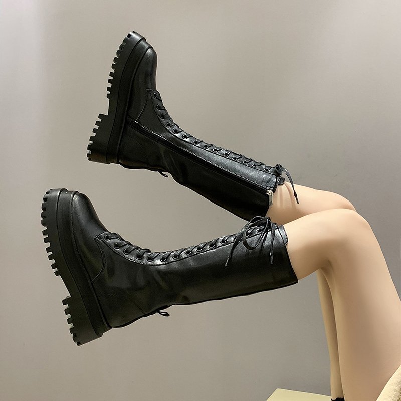 Mid-calf Boots Comfortable Shoes Elegent Lace-up Platform Boots Autumn All-match British Wind PU Leather Female for Female