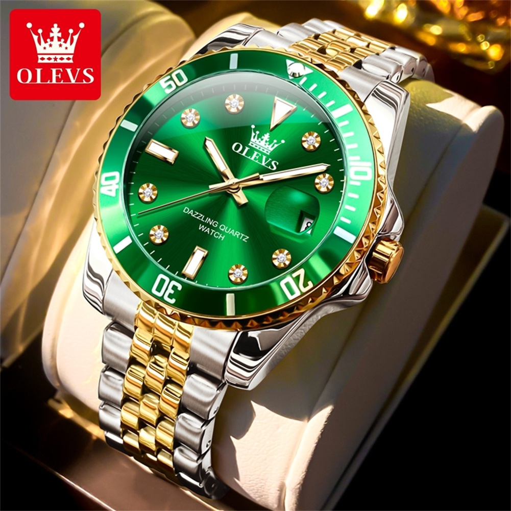 Olevs Originele Luxe Mannen Horloge Kalender Groen Waterdicht Quartz Horloge Voor Mannen Rvs Band Lichtgevende Diamant Schaal: Bronze