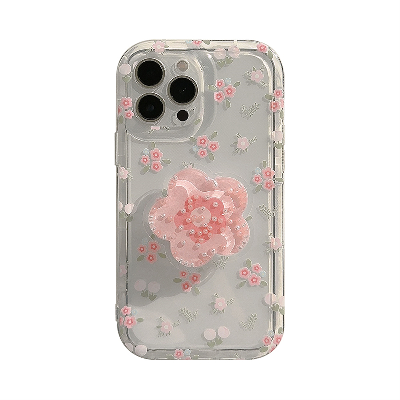 Funda de teléfono con soporte de flor rosa y arena movediza para iPhone 16 15 14 13 12 11 Pro Max XR X XS 7 8 Plus, funda suave transparente con soporte Floral