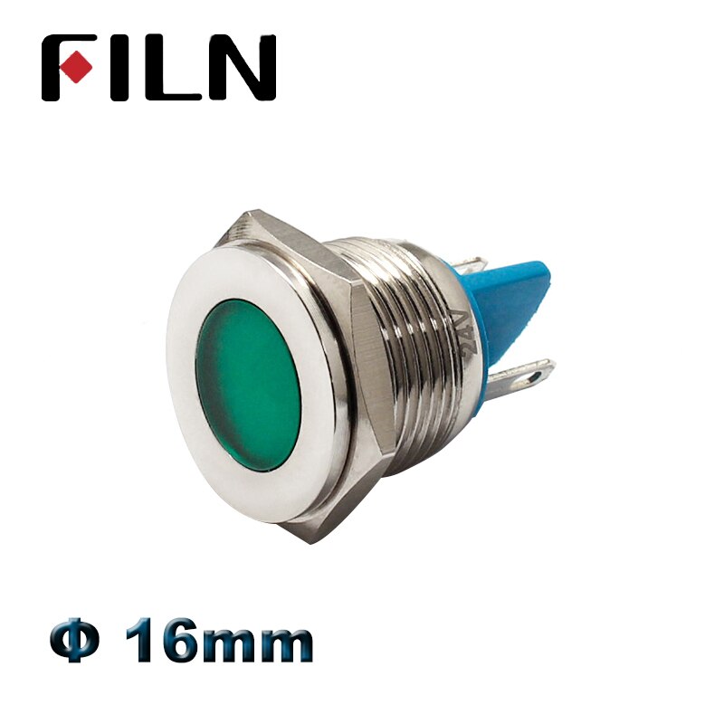 Filn 16mm 12v 24v ledet metallindikatorlys rød grønn blå hvit gul advarselsmetall signallampe pilotlampe 110v 220v
