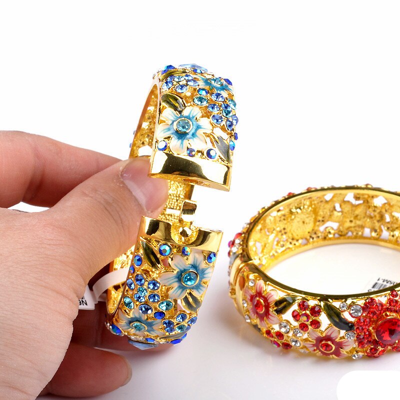 Cloisonné Bracelet - 18KGP Women's Jewelry - Double-Sided Crystal Flower - Full Circle Trendy Bangle
