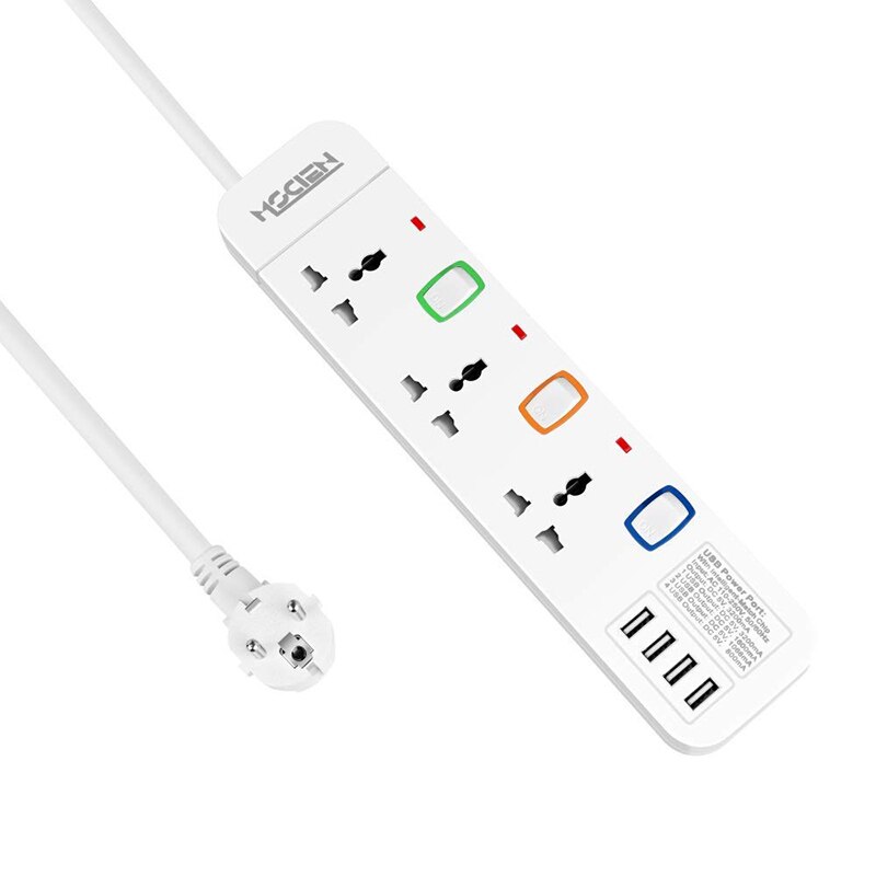 Extension Sockets with USB EU 3 Way Individually Switched Socket 4 USB Ports Surge Protection Power Strip 1.8m White: Default Title