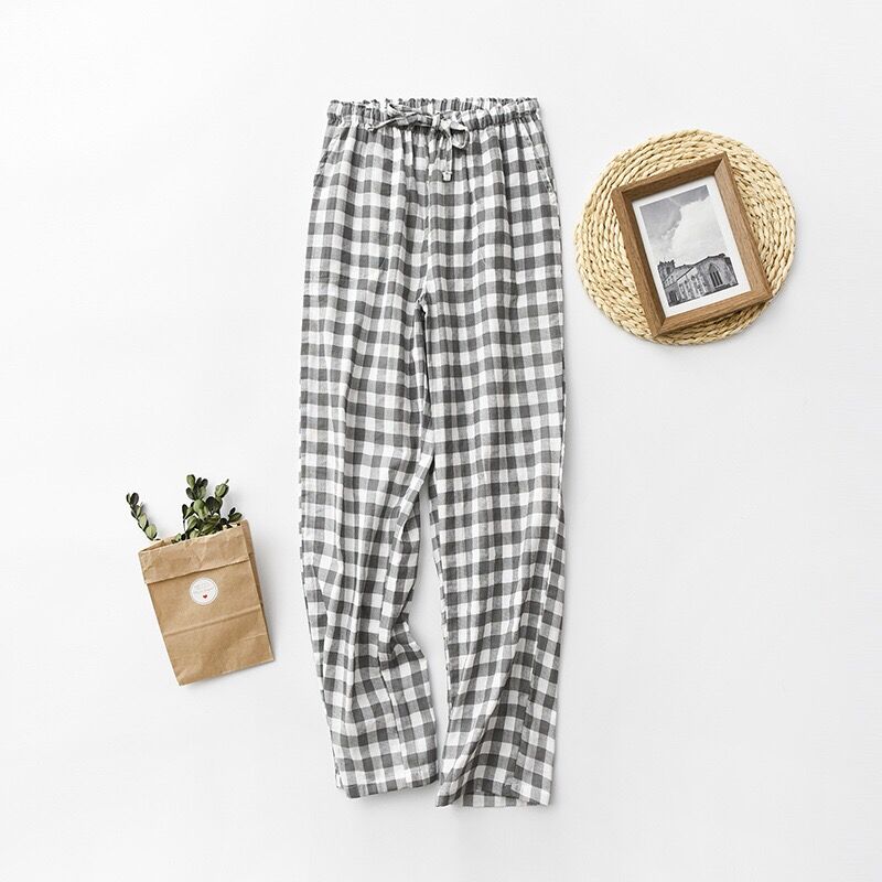 Lente Herfst Vrouwen Mannen 100% Katoen Gaas Slaap Bodems Mannelijke Nachtjapon Broek Nachtkleding Pyjama Liefhebbers Casual Plaid Broek: Women Grey / Xl