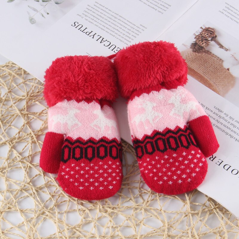 Christmas Toddler Baby Winter Cartoon Deer Velvet Knitted Mittens Gloves Boy Girl Kids Children Outdoor Child Gloves