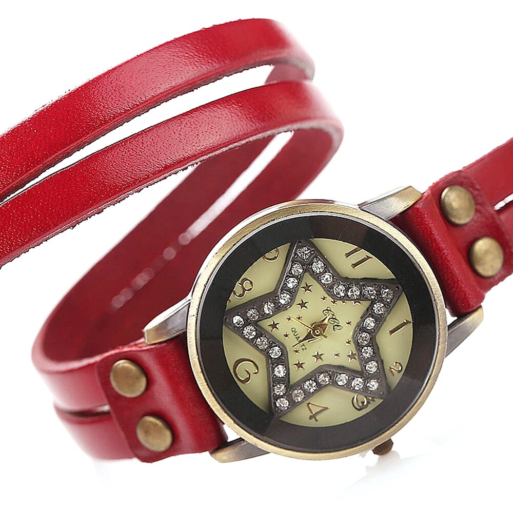 Jessingshow Dames Quartz Horloge Eenvoudige Digitale Wijzerplaat Mode Vijfpuntige Ster Lederen Band Horloge Casual Wear Klok Reloj Mujer