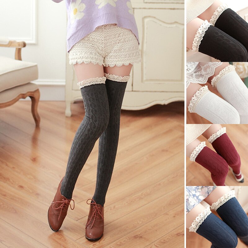 Helisopus dames kanten kousen kniekousen dijhoge katoenen kousen dames herfst winter kerst gebreide kousen