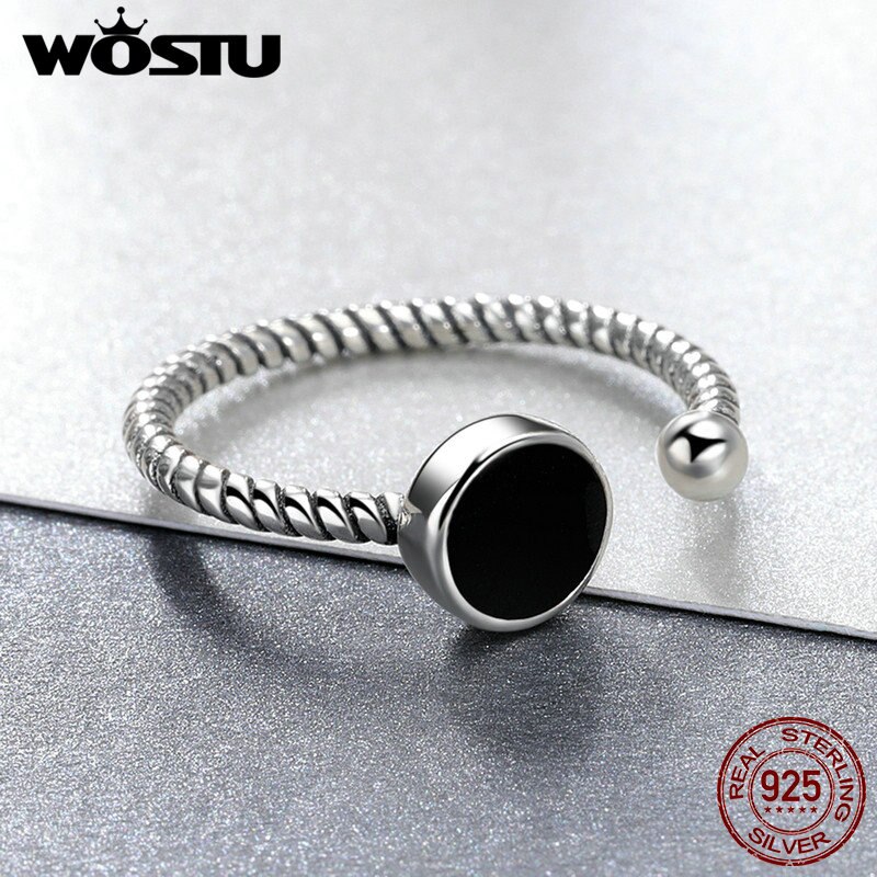 WOSTU 100% 925 Sterling Silver Cool Black Round Open Rings For Women Man Adjustable Ring Christmas Fine Jewelry brincos CSR157