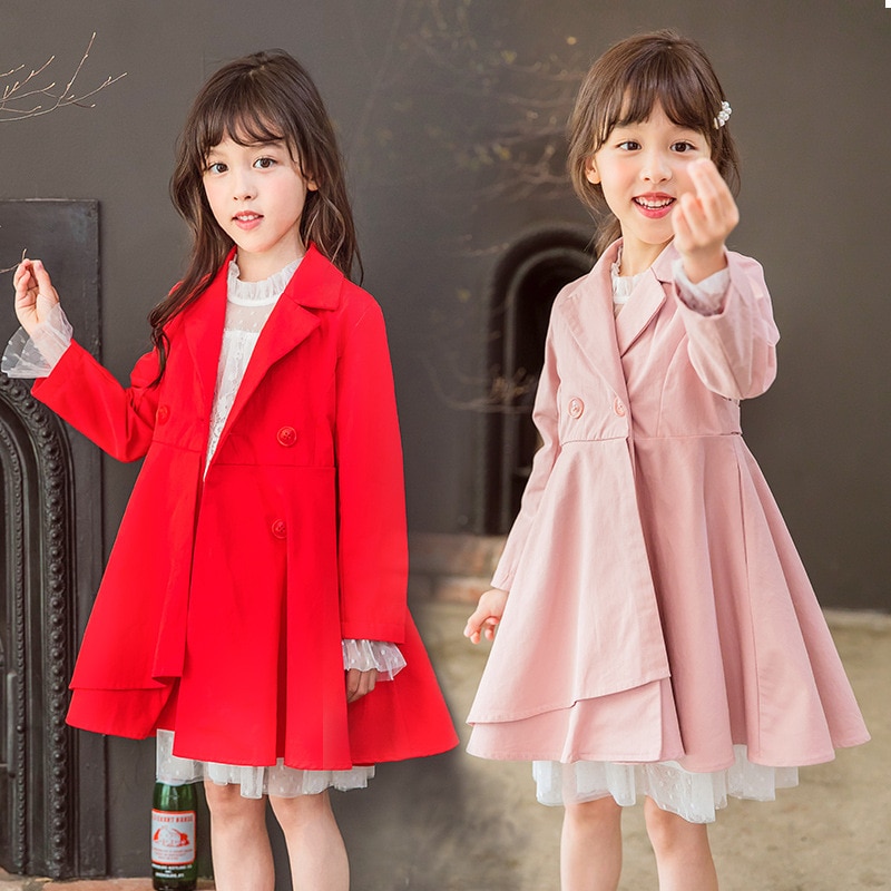 Meisjes Trenchcoat Herfst Winter Mode Effen Kleur Lange mouwen Katoenen Kinderen Trenchcoat Meisje Kinderen Jas 6-14 jaar