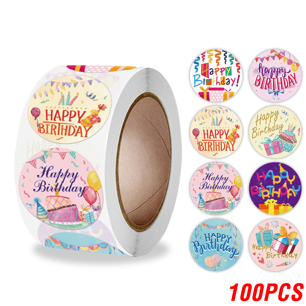 Pegatinas de feliz cumpleaños para niños, 100-500 piezas, 2,5 cm/1 pulgada, decoraciones de sellado, etiquetas para tarjetas de felicitación: YELLOW