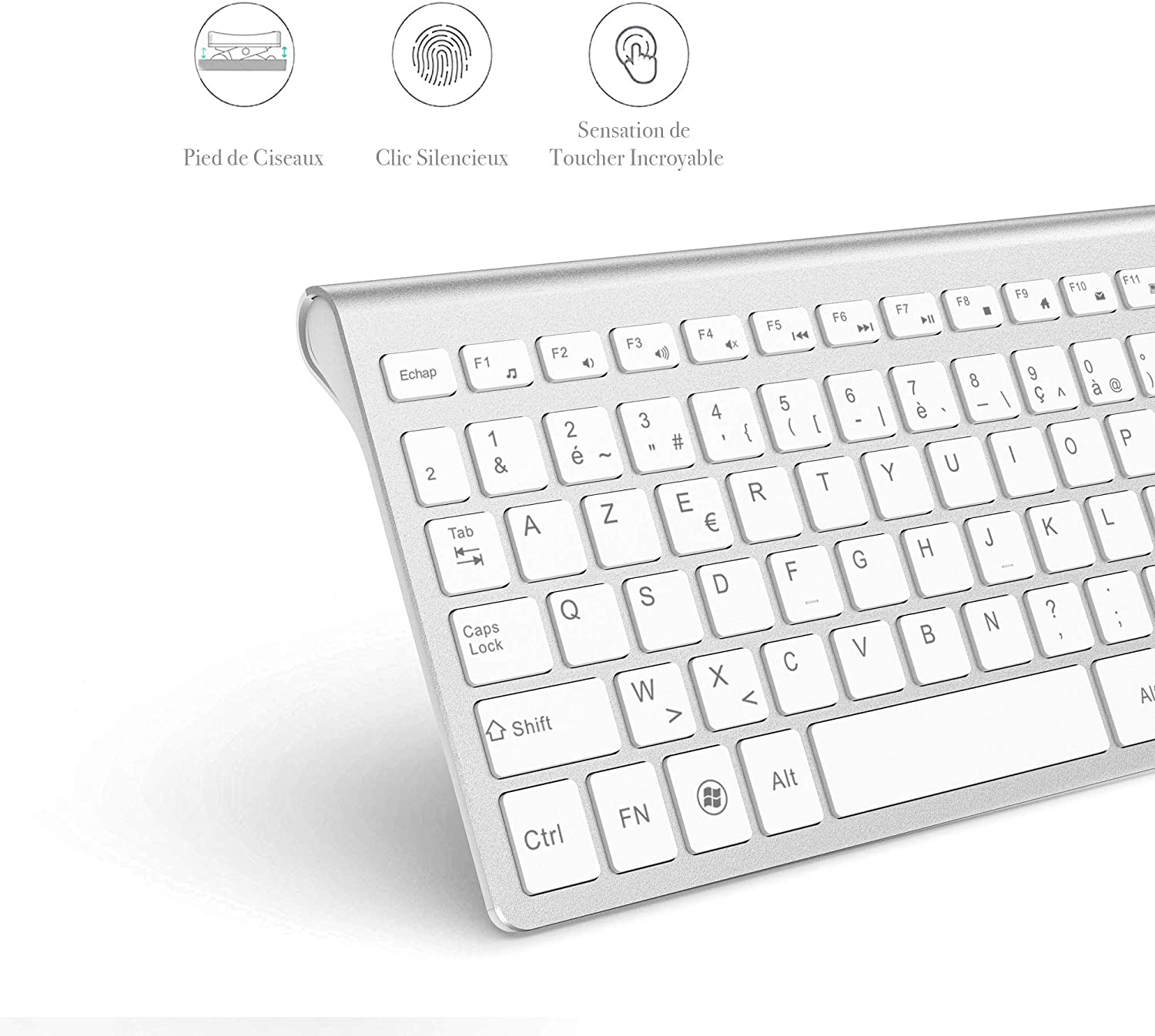 AZERTY French 2.4G Wireless Keyboard Mouse Ergonomic Compatible with IMac Mac PC Laptop Tablet Computer Windows (Silver White)
