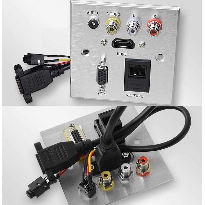 Prise murale multimédia, panneau en aluminium, compatible HDMI, VGA, RJ45, Jack 3.5MM, FL + FR, Interface de Signal